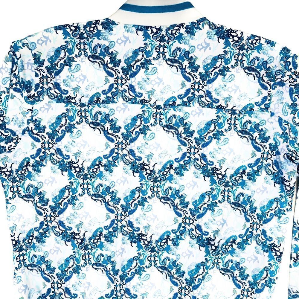 NEW Lulu-B UPF 50 Blue White Geometric Parsley Print Smooth Full Zip Jacket - Picture 7 of 13
